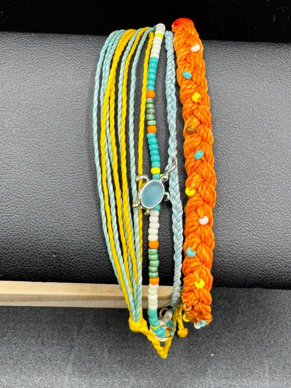 Pura Vida Aqua Sea Turtle Charm Orange Aqua Beaded Tropical Boho Bracelet Stack